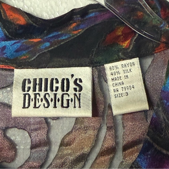 Vintage Chicos Top 3 XL Colorful Paisley Art To Wear Sheer Abstract Silk Rayon - Picture 2 of 10